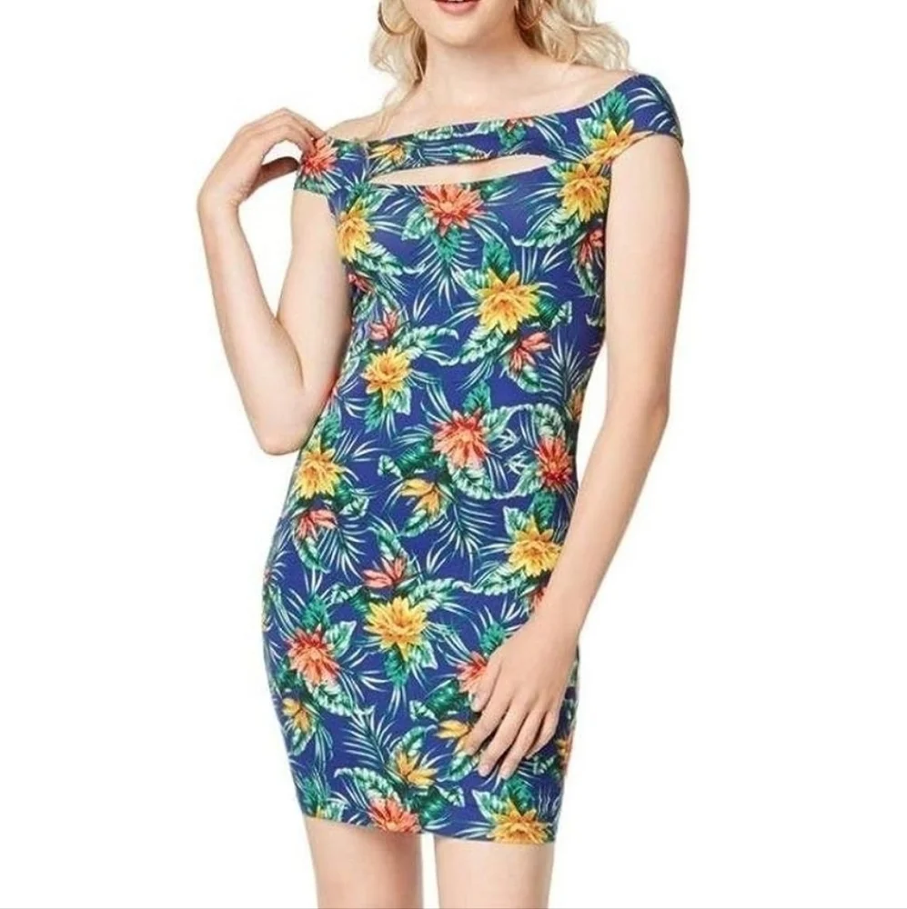 Guess Wome Tropical Floral Off The Shoulder Navine Bodycon Dress Size XS - Picture 1 of 12